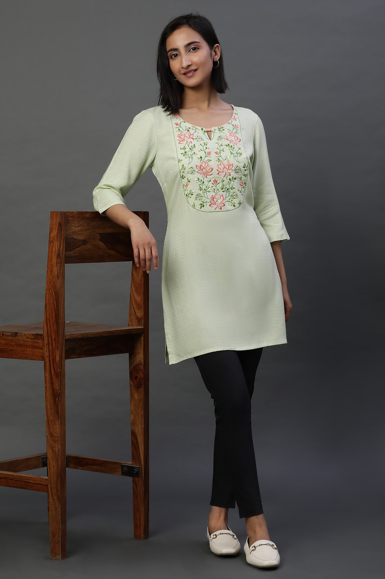 Green Floral Thready Embroidered Short Kurti