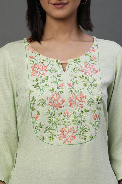 Green Floral Thready Embroidered Short Kurti