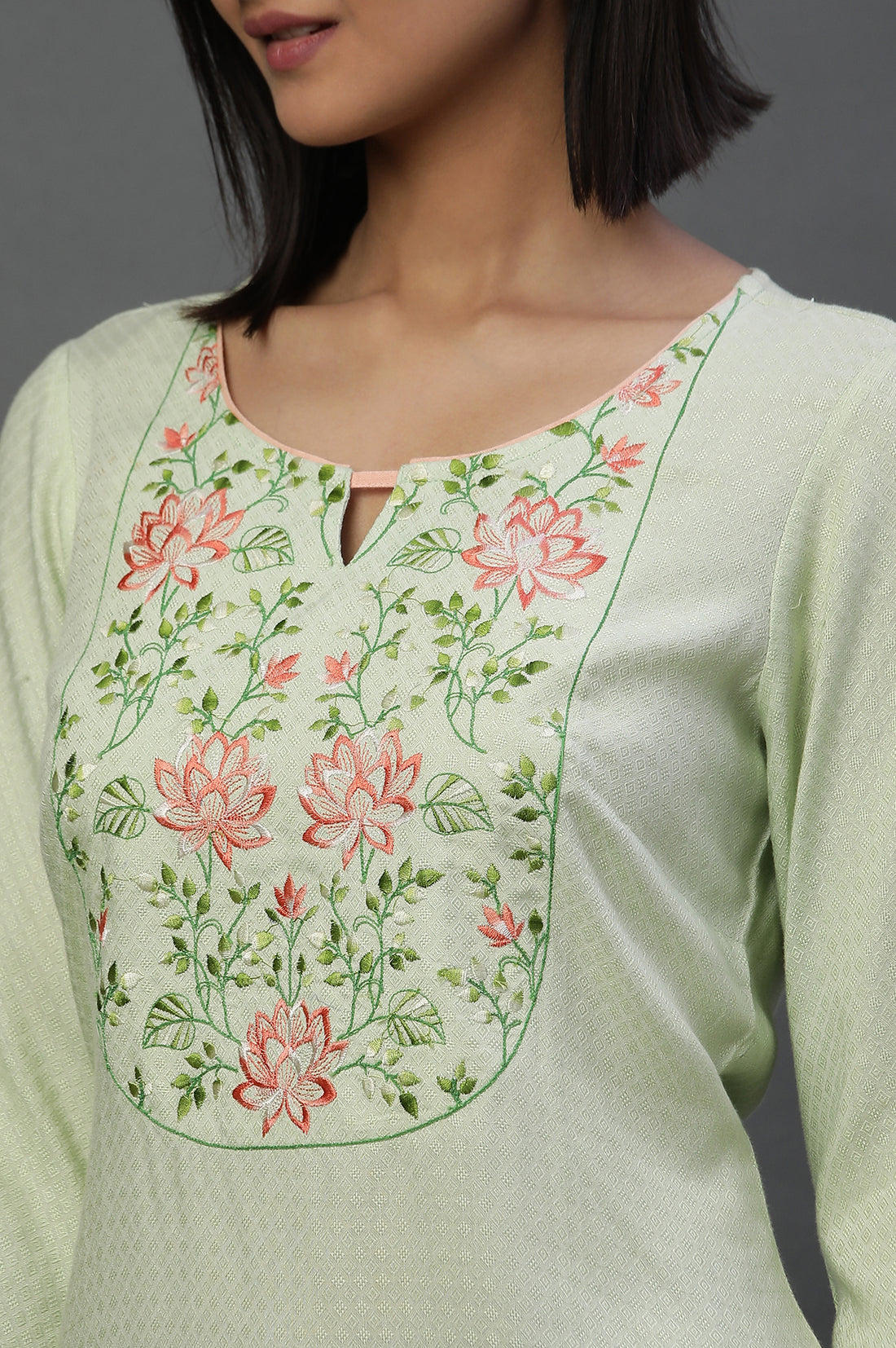 Green Floral Thready Embroidered Short Kurti