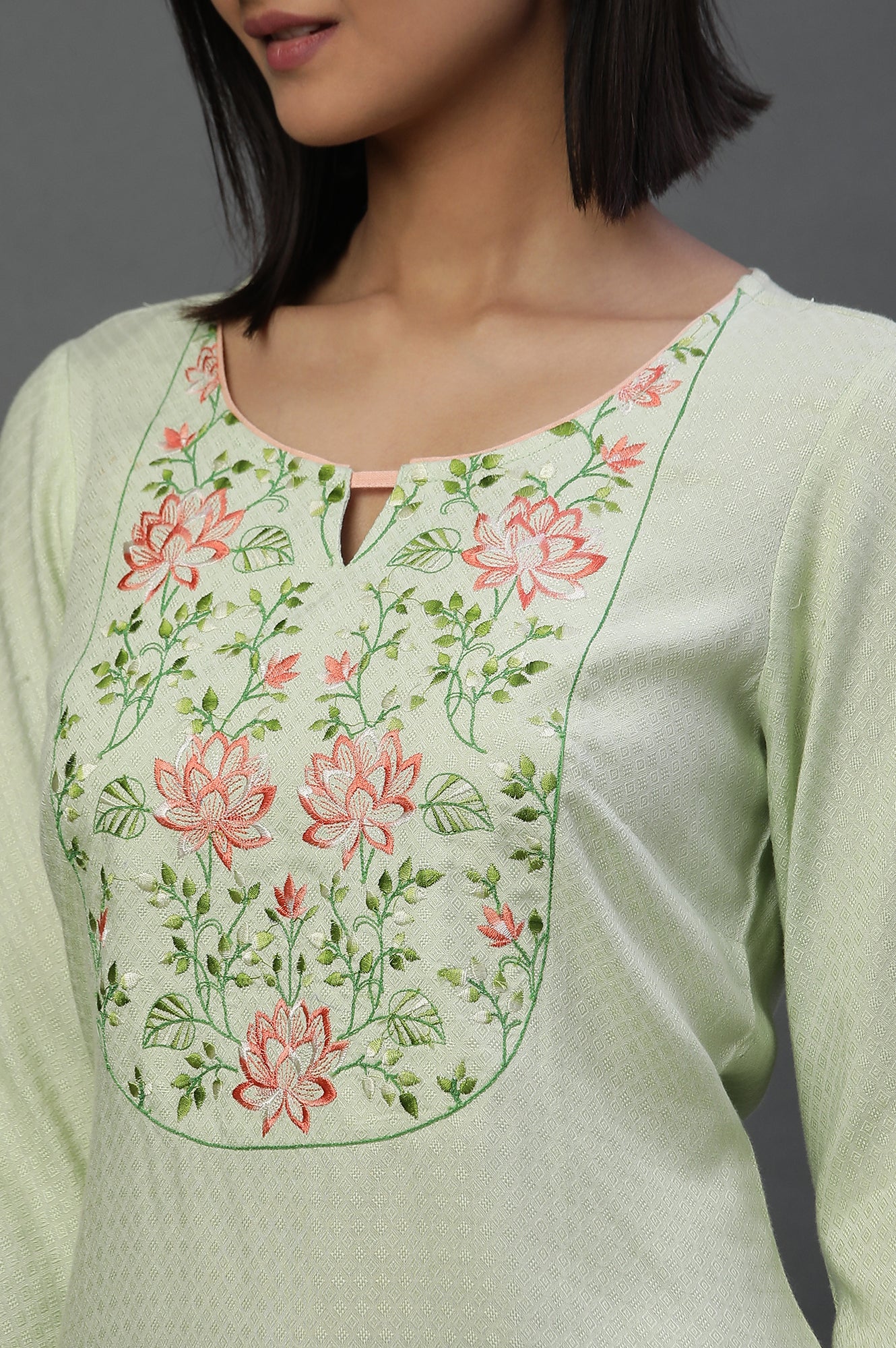 Green Floral Thready Embroidered Short Kurti