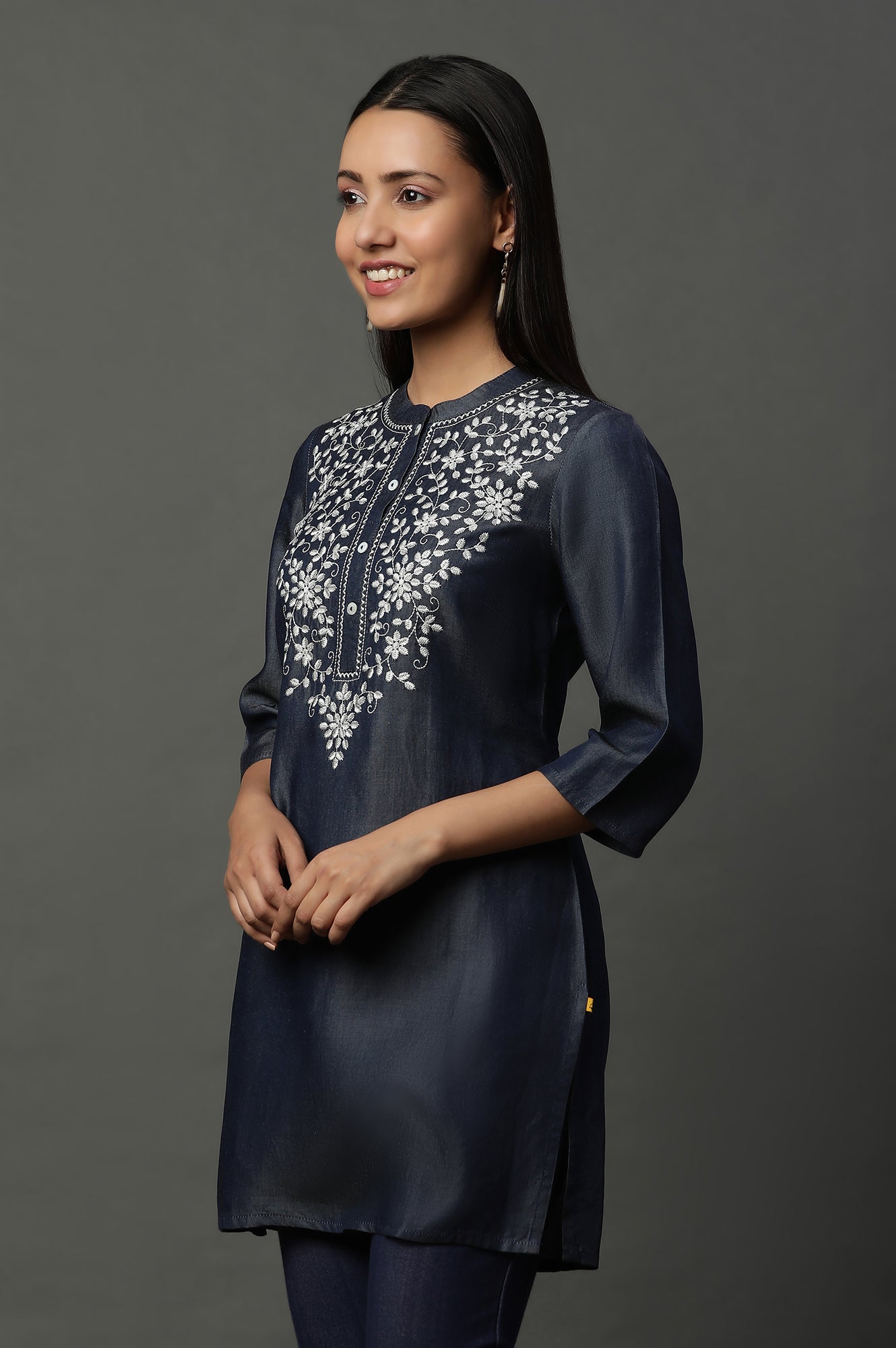 Blue Floral Embroidered Cotton Kurti