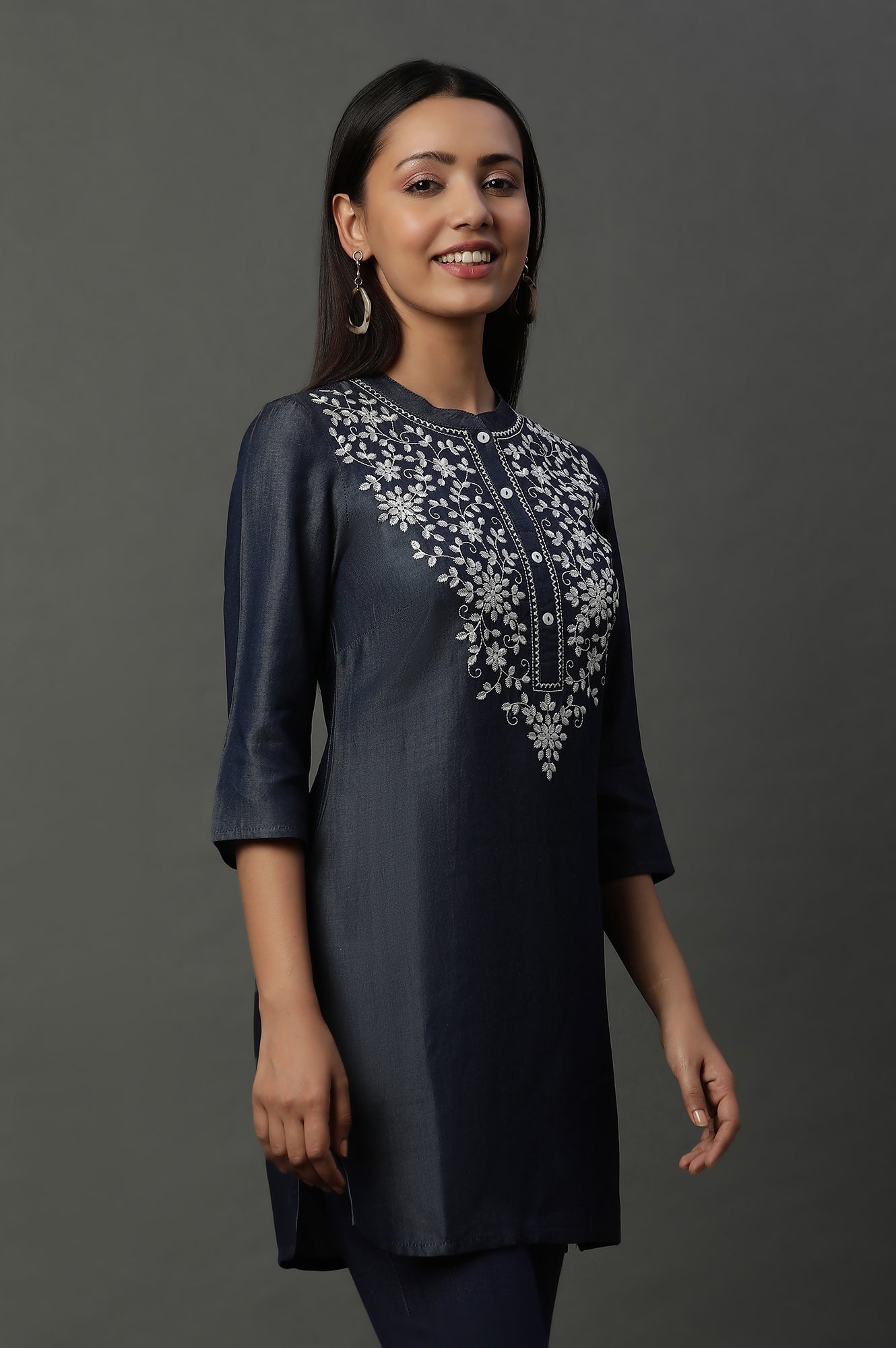 Blue Floral Embroidered Cotton Kurti