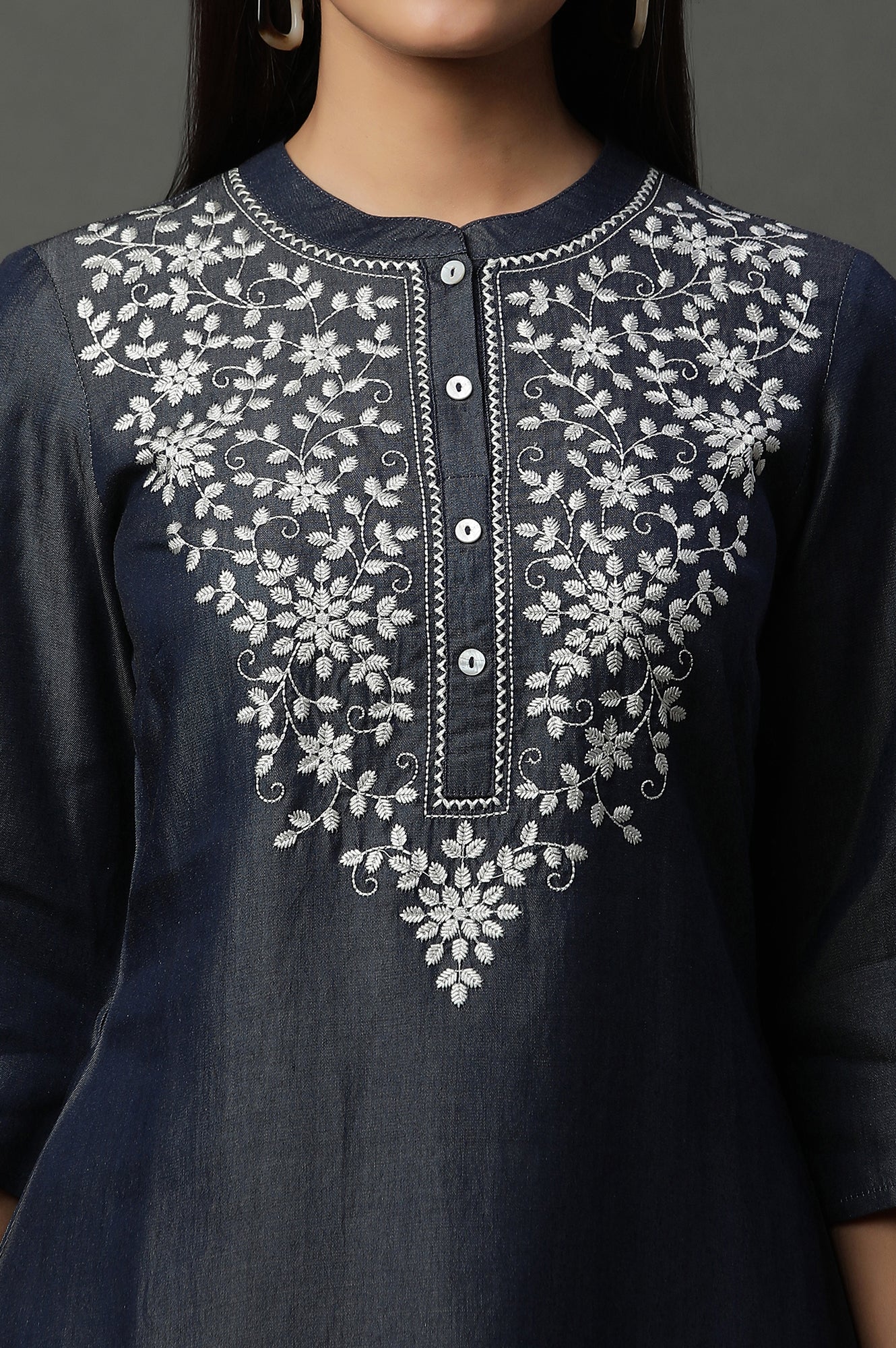 Blue Floral Embroidered Cotton Kurti