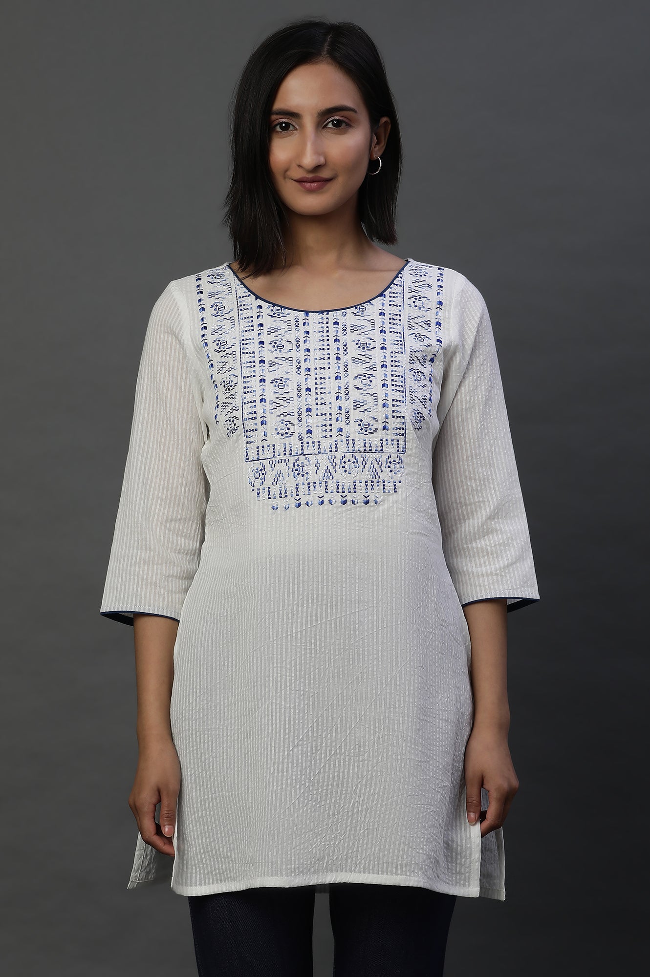 White Embroidered Seer Sucker Short Kurti