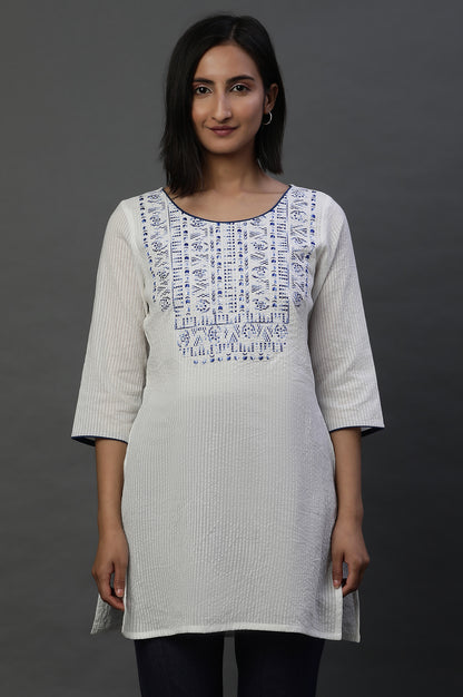 White Embroidered Seer Sucker Short Kurti