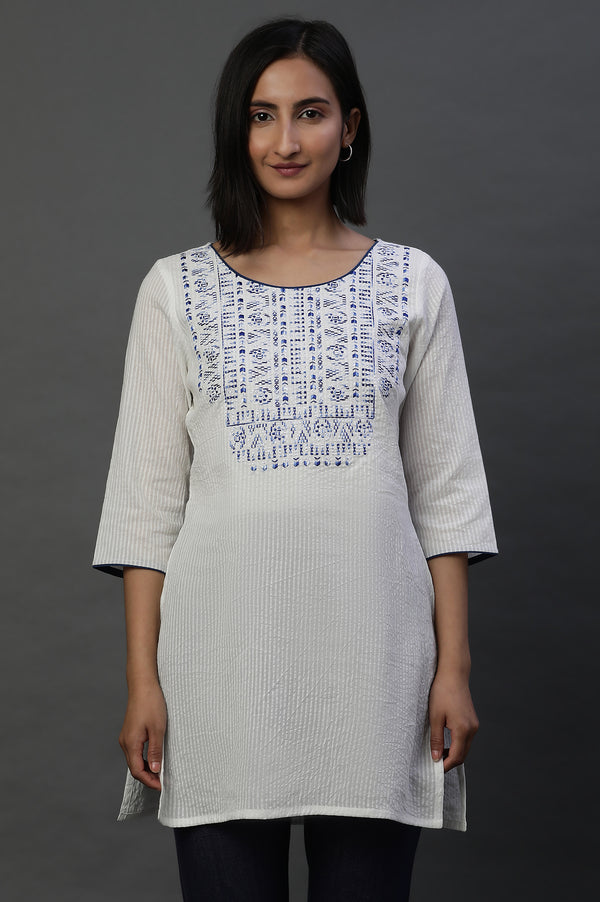 White Embroidered Textured Cotton Short Kurti