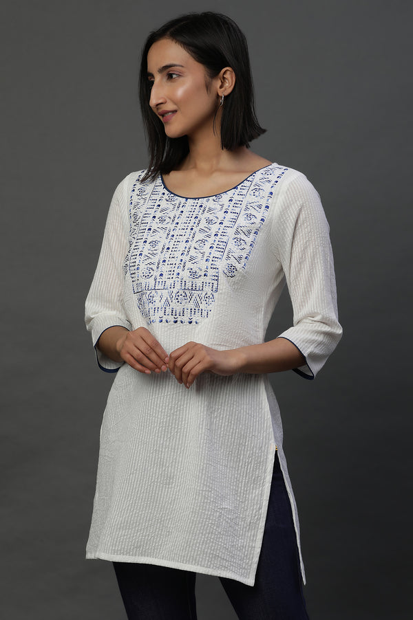White Embroidered Textured Cotton Short Kurti