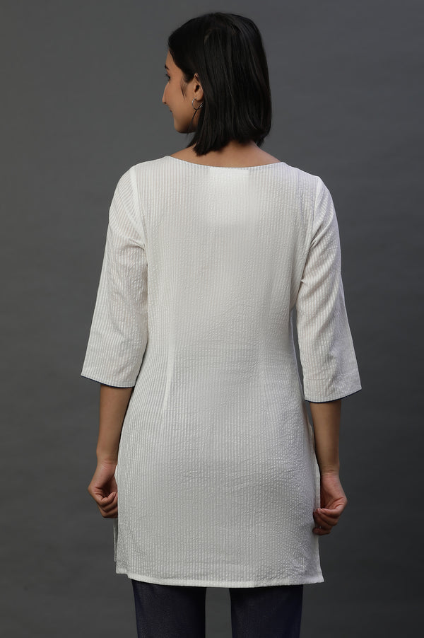 White Embroidered Textured Cotton Short Kurti