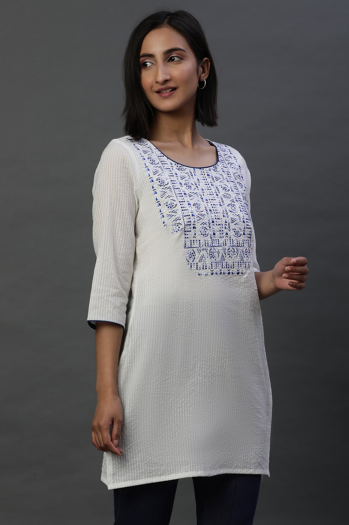 White Embroidered Seer Sucker Short Kurti