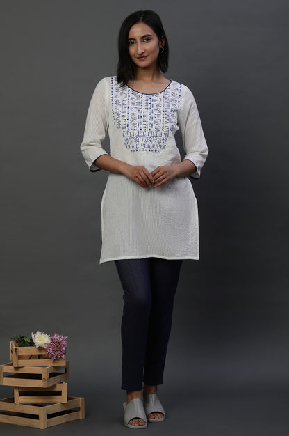 White Embroidered Seer Sucker Short Kurti