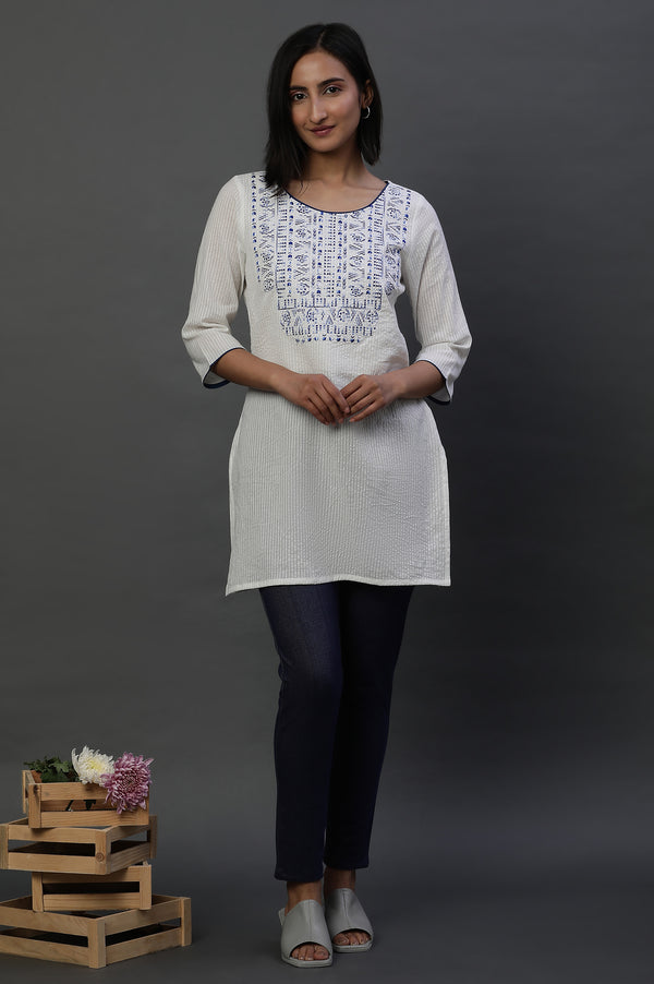 White Embroidered Textured Cotton Short Kurti