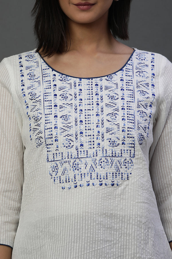 White Embroidered Textured Cotton Short Kurti