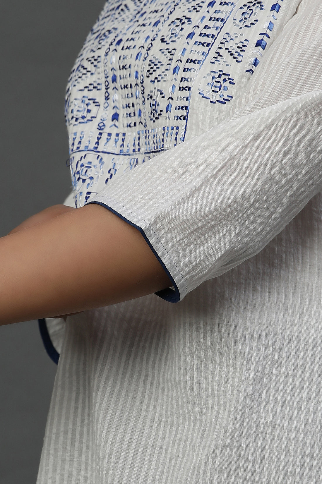 White Embroidered Textured Cotton Short Kurti