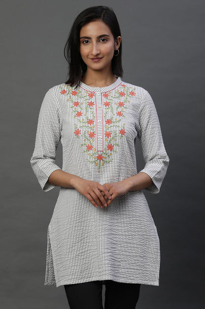 Grey and White Thread Embroidered Short Kurti