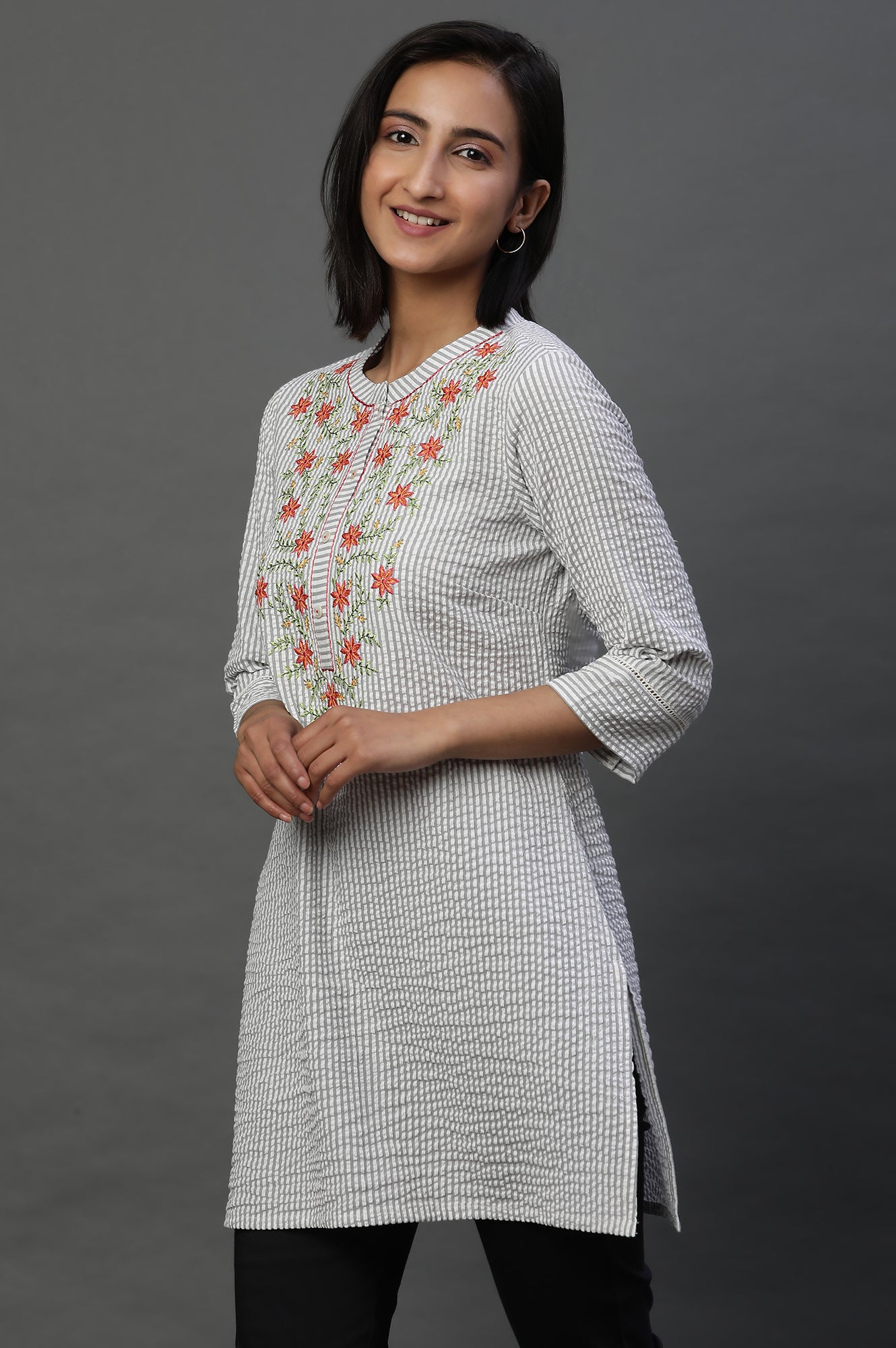 Grey and White Thread Embroidered Short Kurti