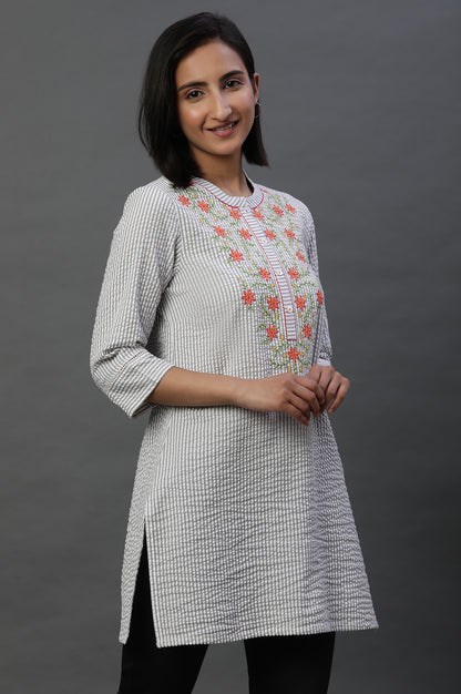 Grey and White Thread Embroidered Short Kurti