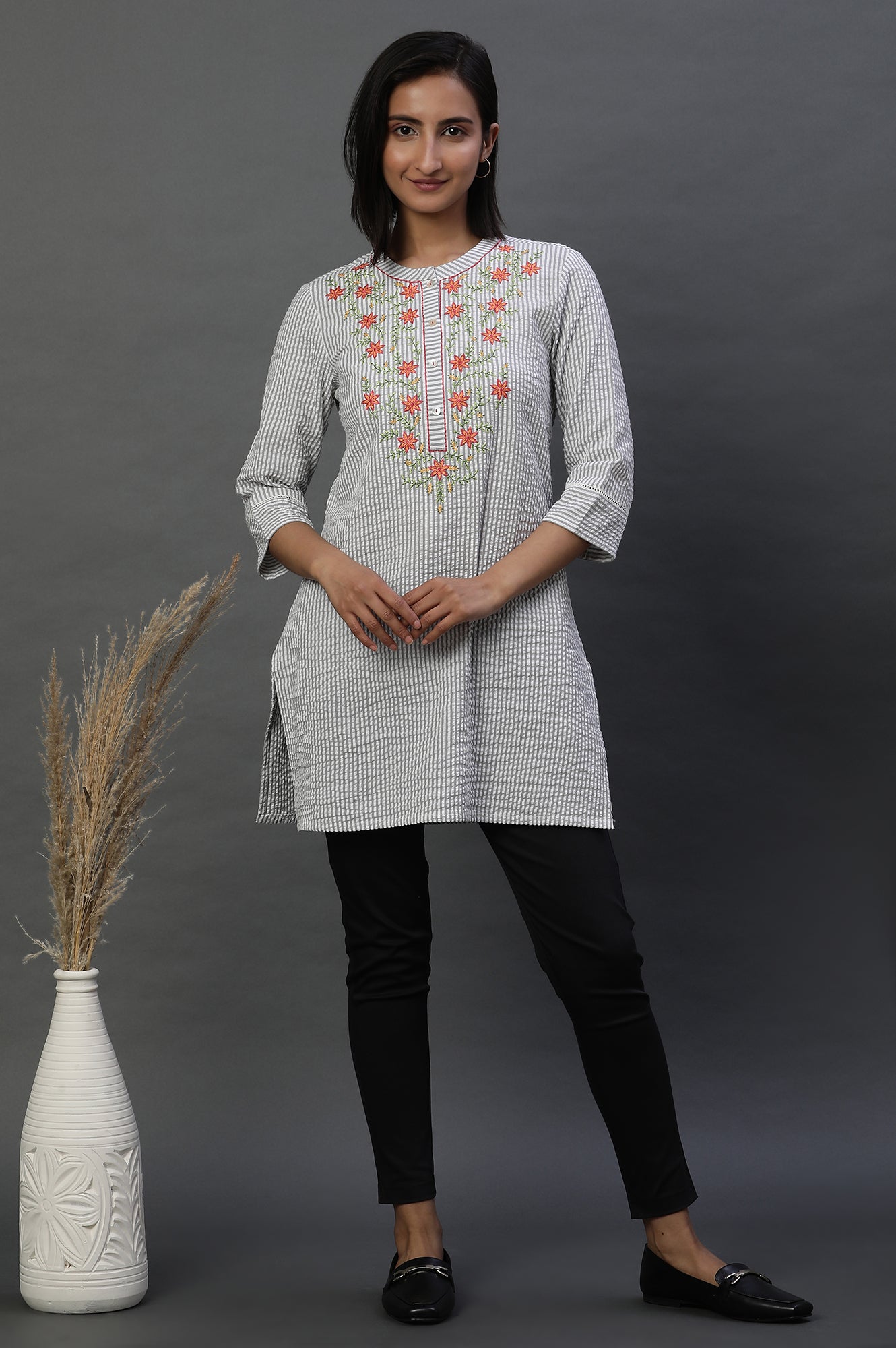 Grey and White Thread Embroidered Short Kurti