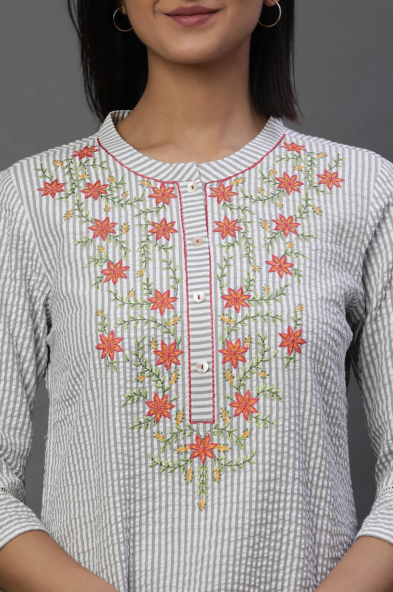 Grey and White Thread Embroidered Short Kurti