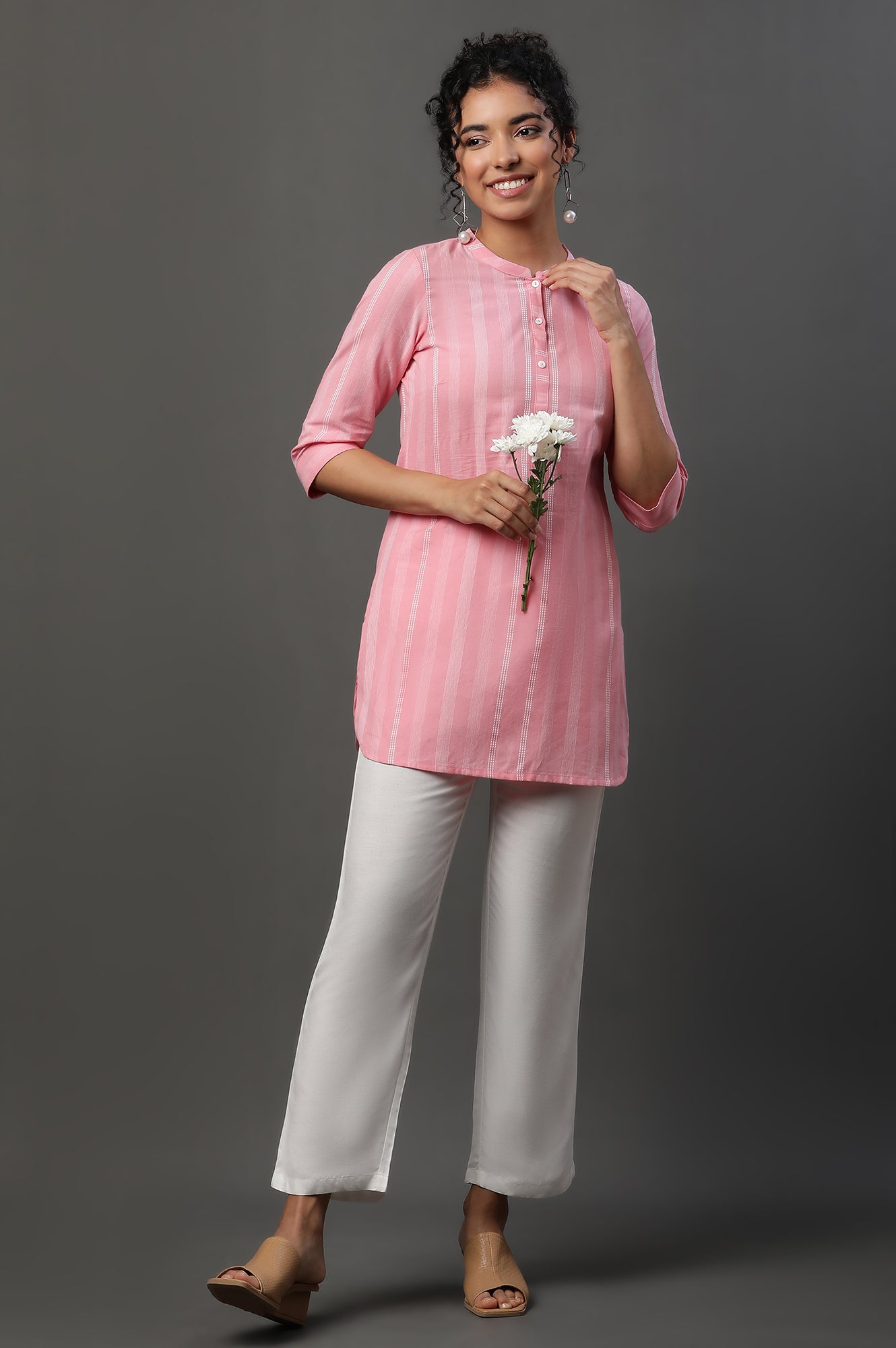 Pink Cotton Casual Smart Kurti