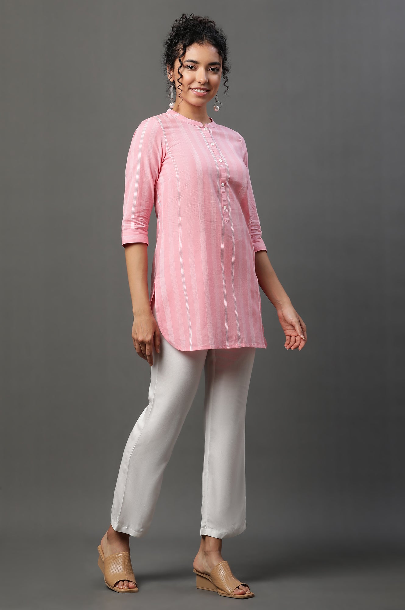 Pink Cotton Casual Smart Kurti