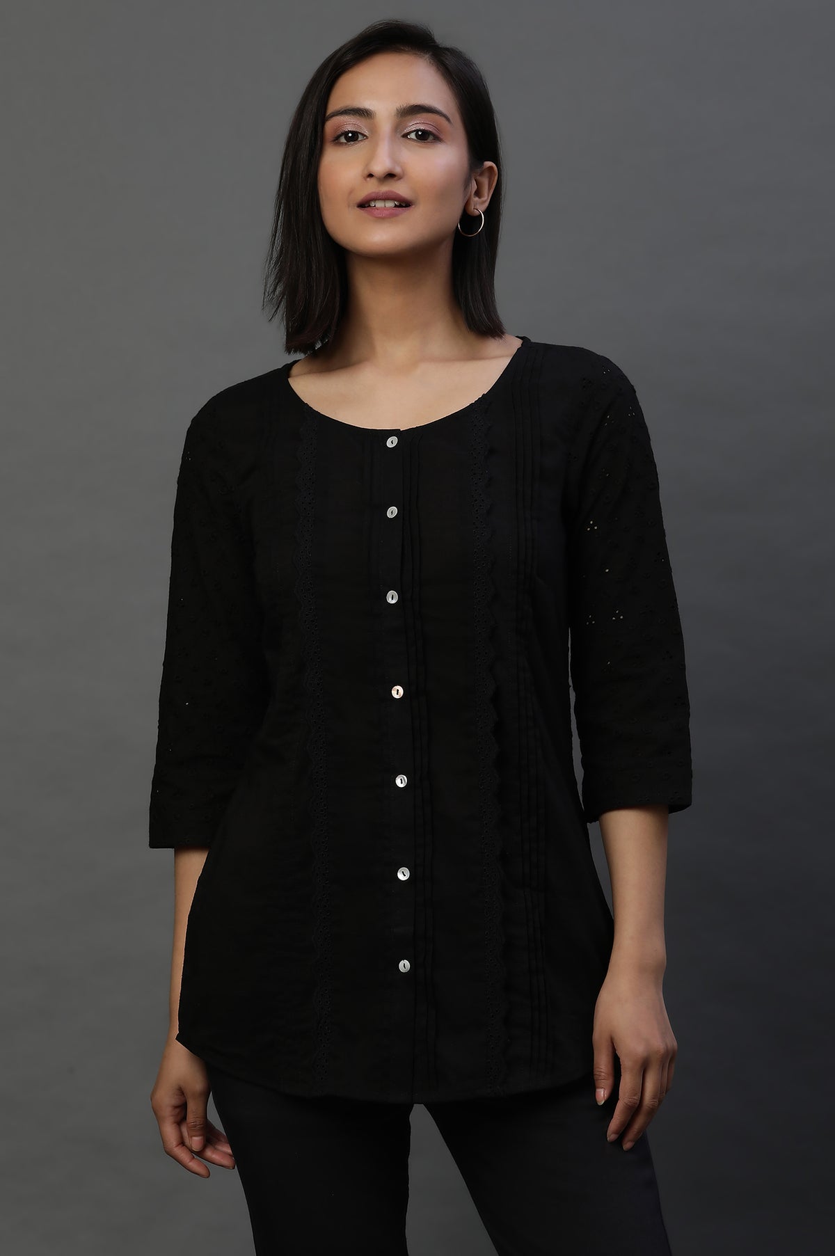 Black Front Pleated Schiffli Short Kurti - XS