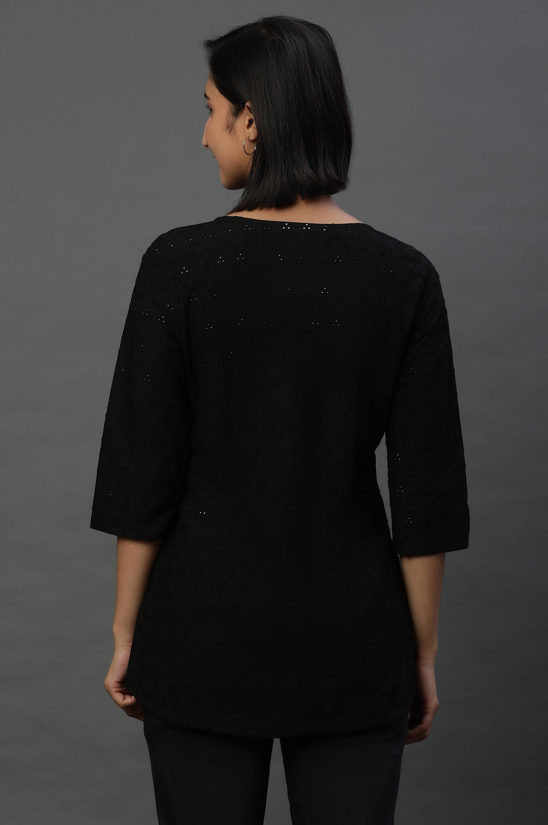 Black Front Pleated Schiffli Short Kurti