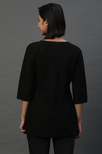 Black Front Pleated Schiffli Short Kurti