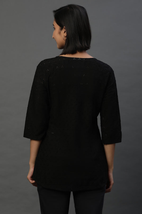 Black Front Pleated Schiffli Short Kurti