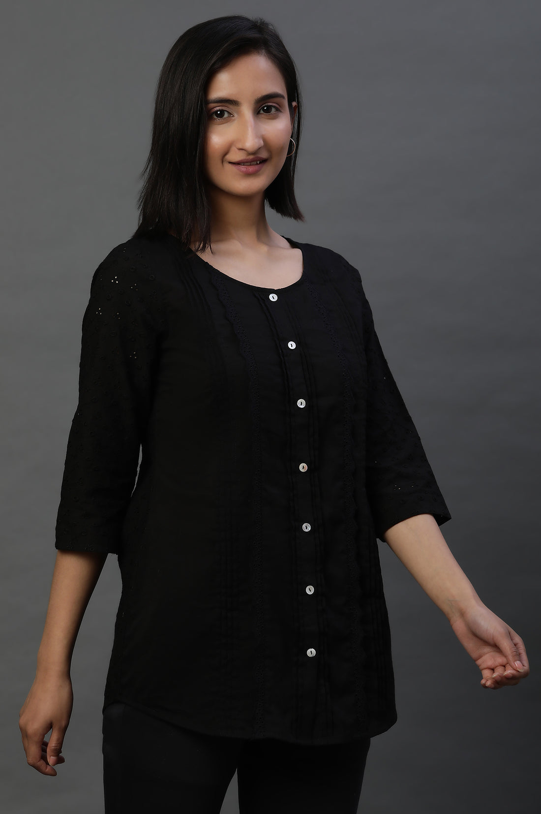 Black Front Pleated Schiffli Short Kurti