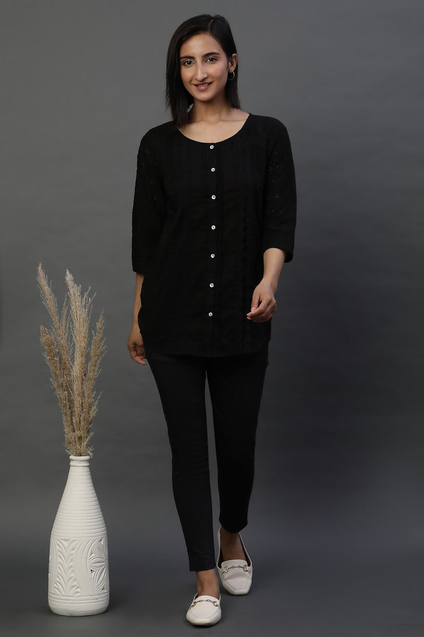 Black Front Pleated Schiffli Short Kurti