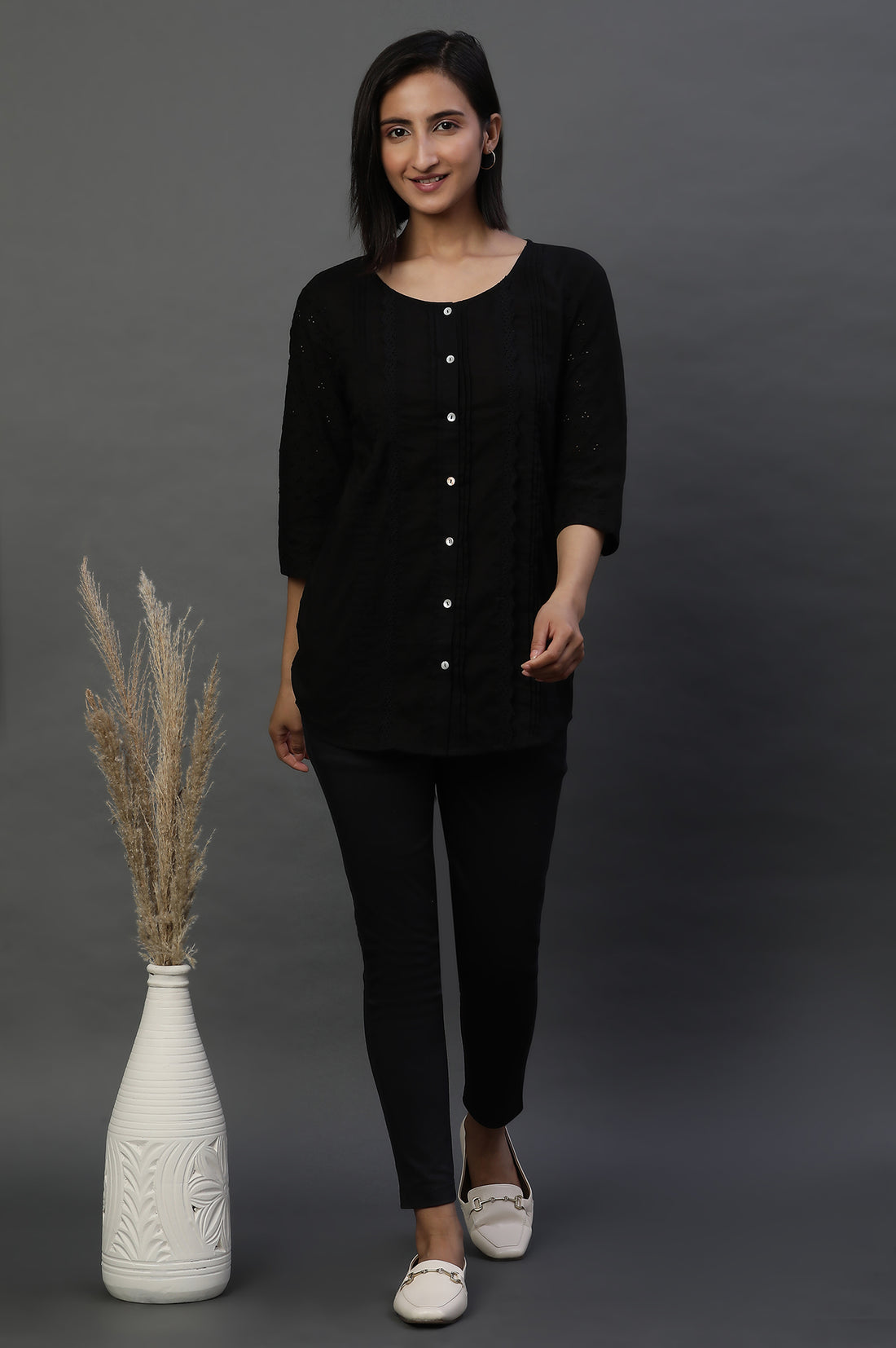 Black Front Pleated Schiffli Short Kurti