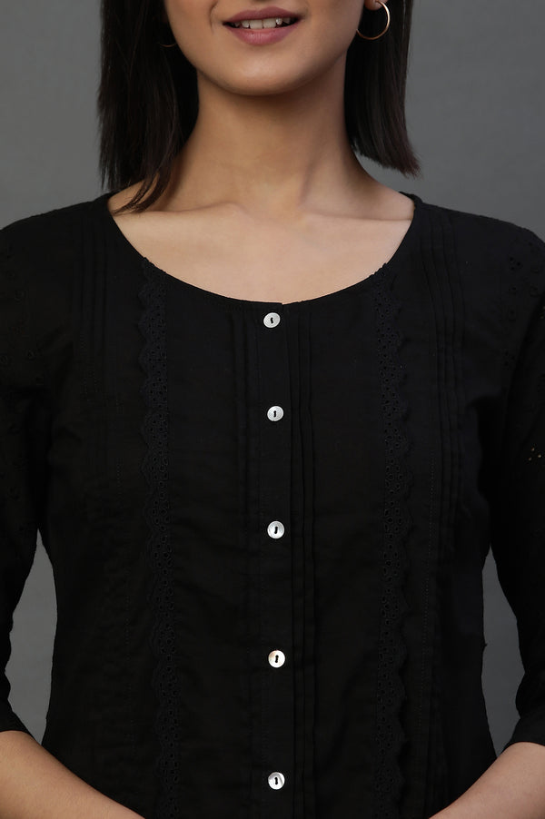 Black Front Pleated Schiffli Short Kurti