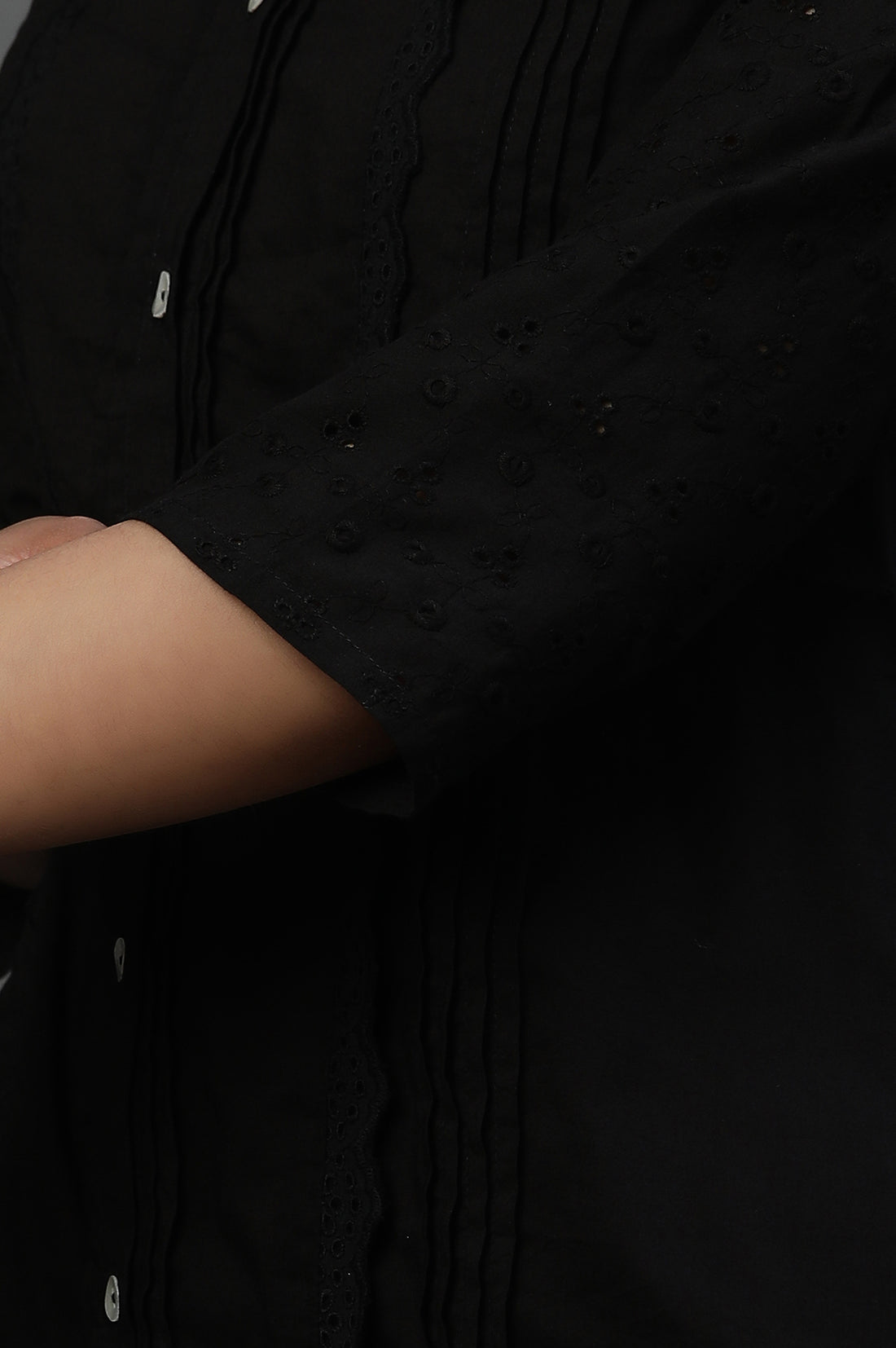 Black Front Pleated Schiffli Short Kurti