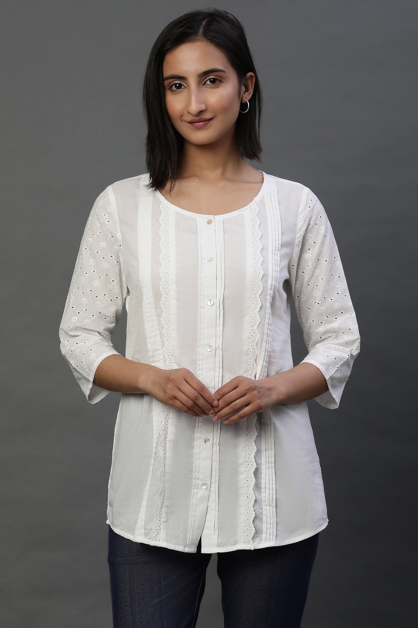 White Front Pleated Schiffli Short Kurti