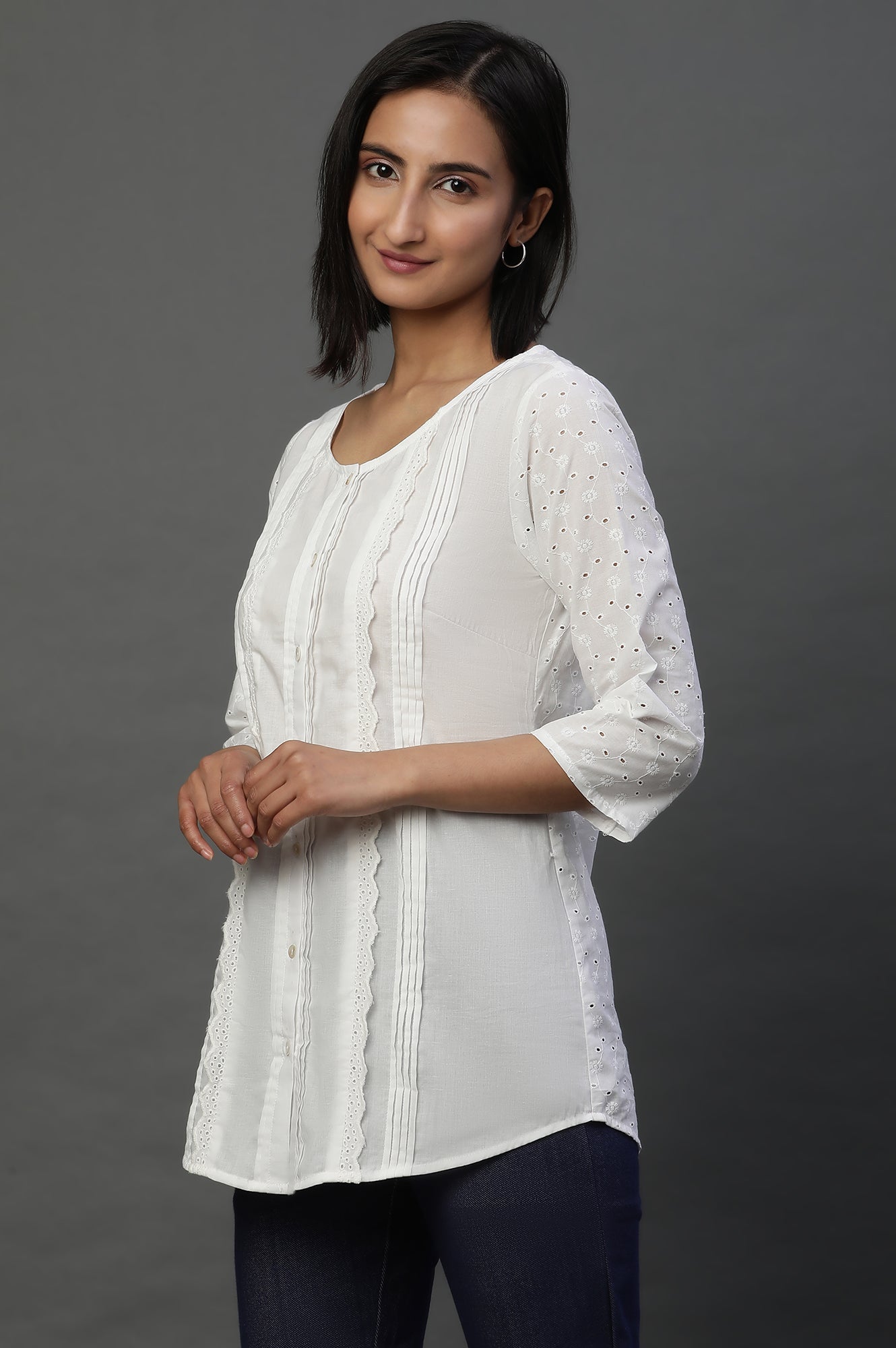 White Front Pleated Schiffli Short Kurti