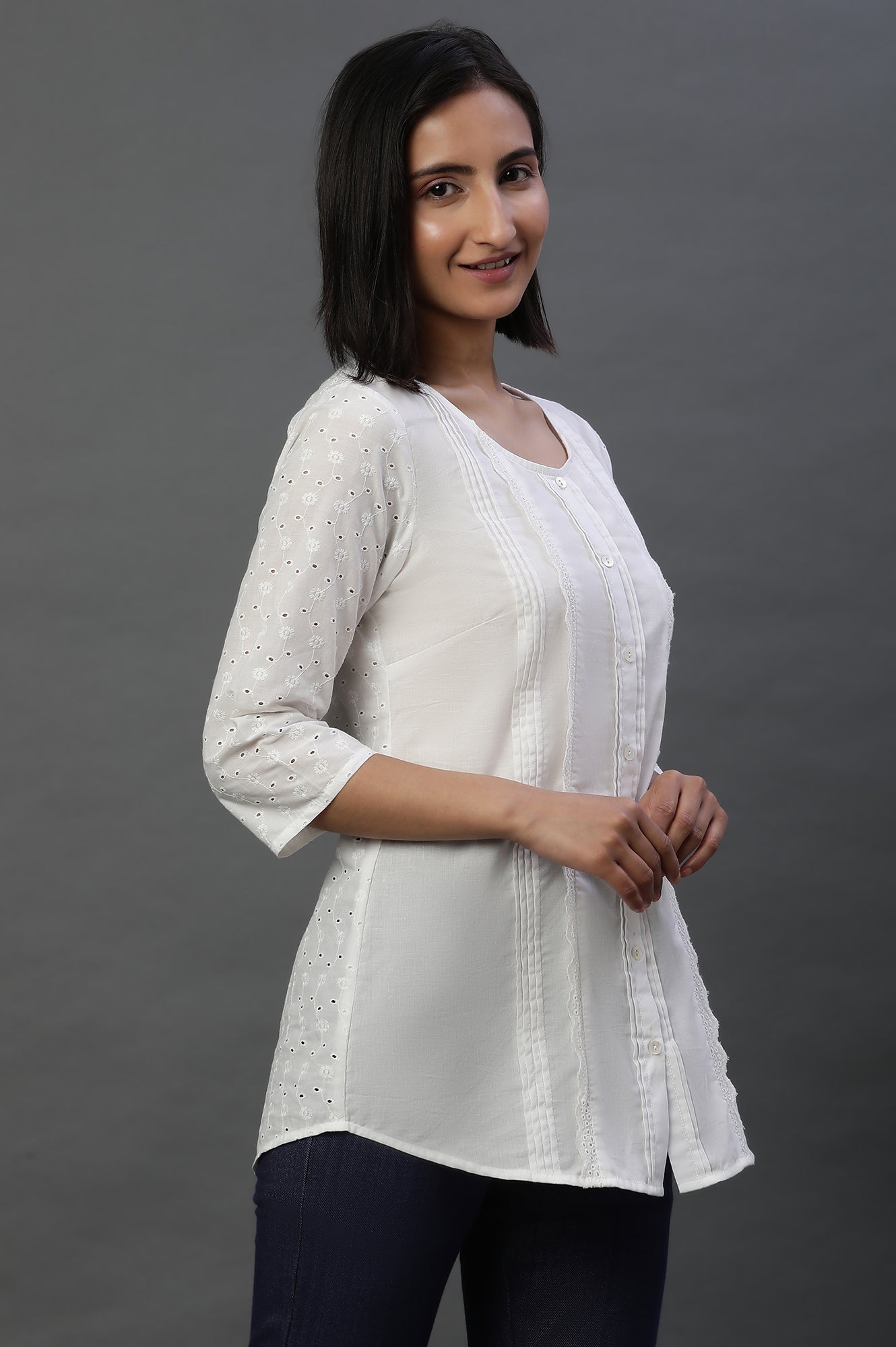 White Front Pleated Schiffli Short Kurti