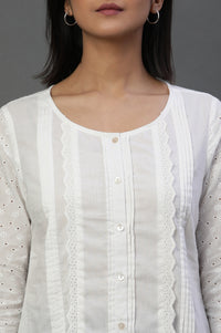 White Front Pleated Schiffli Short Kurti
