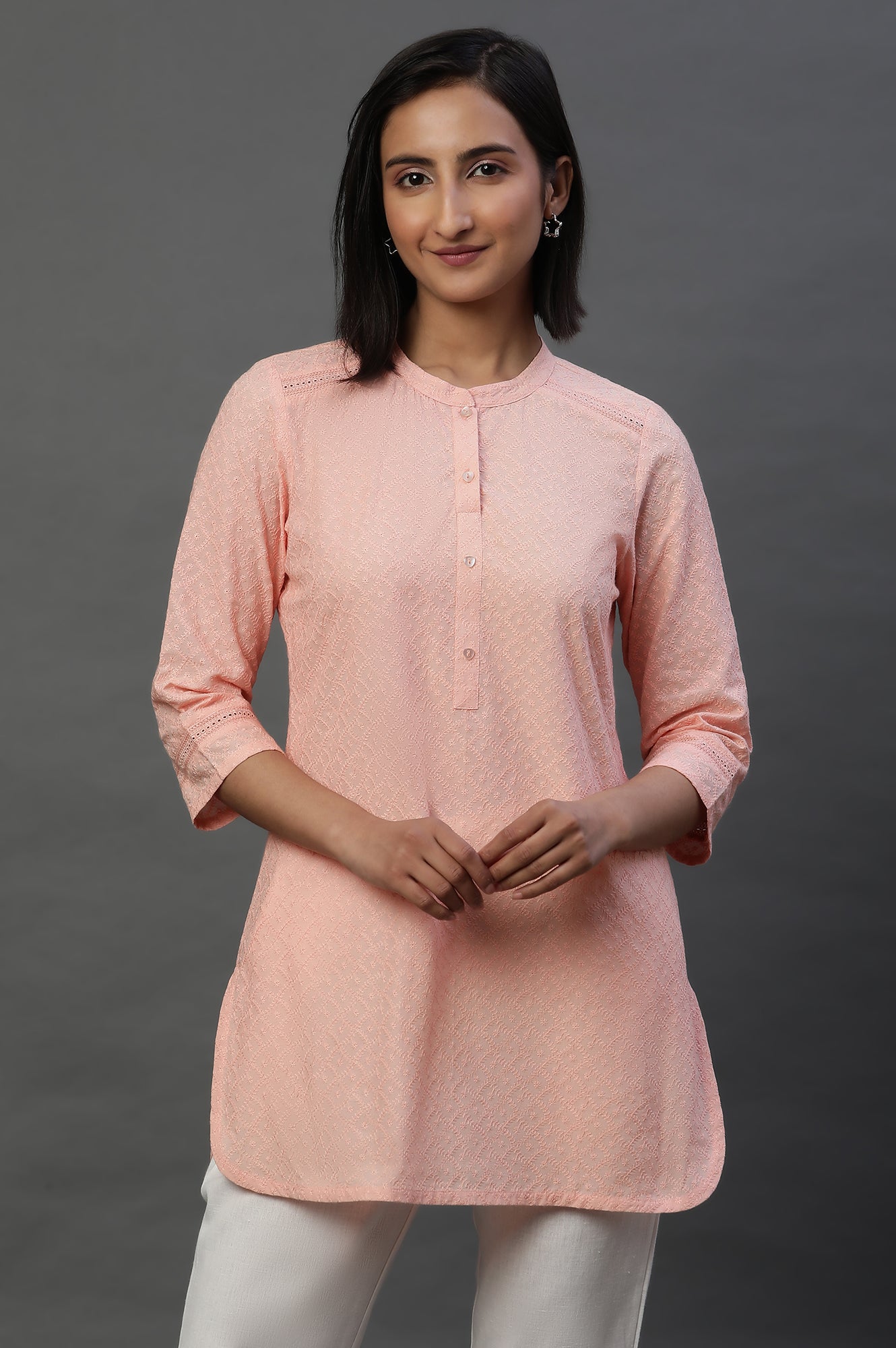 Peach Lace Inserted Short Schiffli Kurti