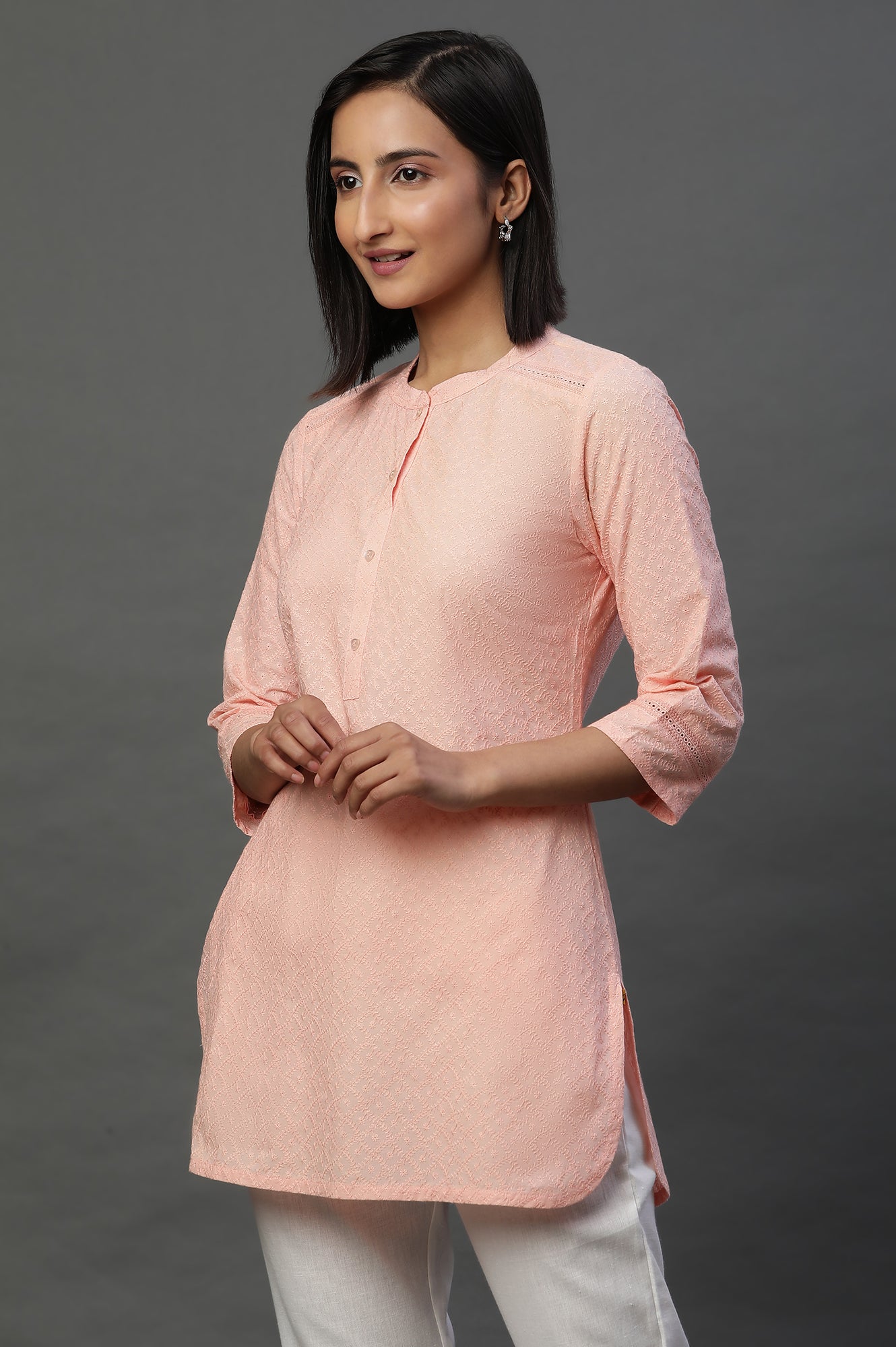 Peach Lace Inserted Short Schiffli Kurti