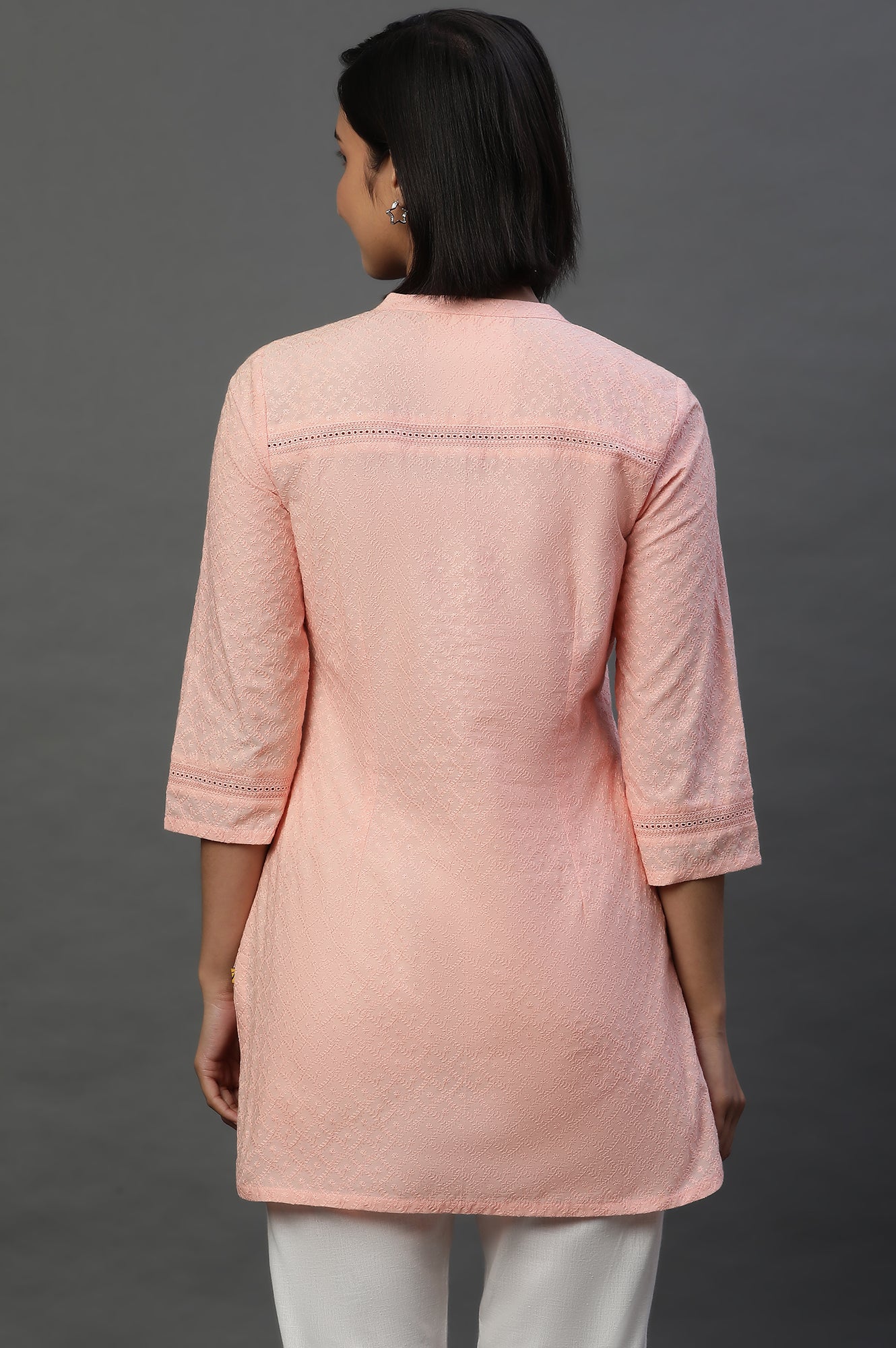 Peach Lace Inserted Short Schiffli Kurti