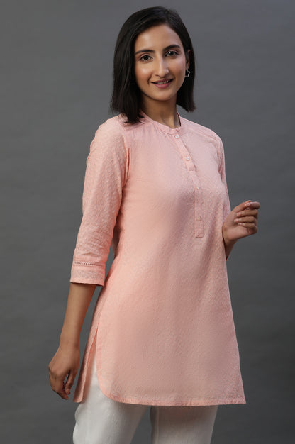 Peach Lace Inserted Short Schiffli Kurti