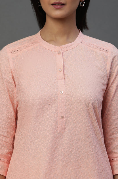 Peach Lace Inserted Short Schiffli Kurti