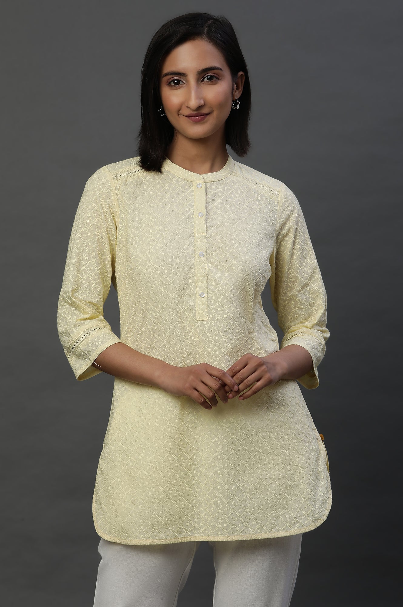 Light Yellow Lace Inserted Short Schiffli Kurti