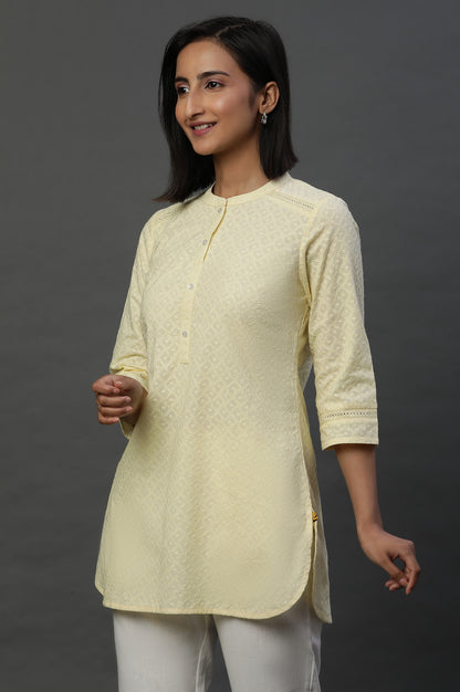 Light Yellow Lace Inserted Short Schiffli Kurti