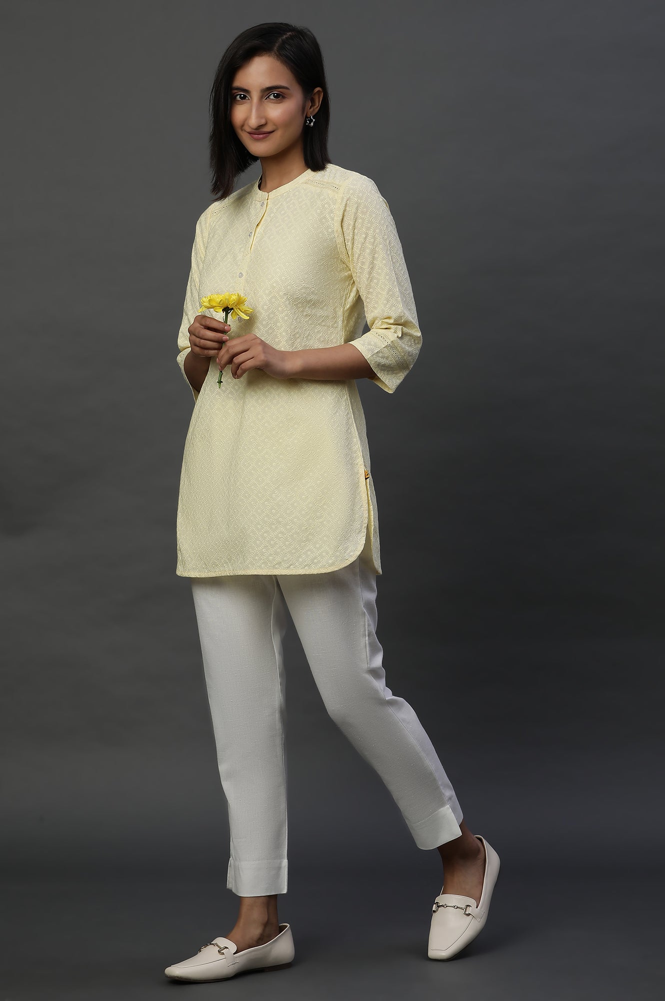 Light Yellow Lace Inserted Short Schiffli Kurti