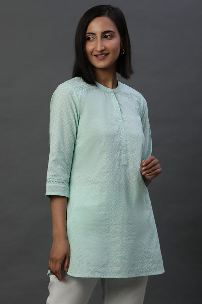 Sky Blue Lace Inserted Short Schiffli Kurti