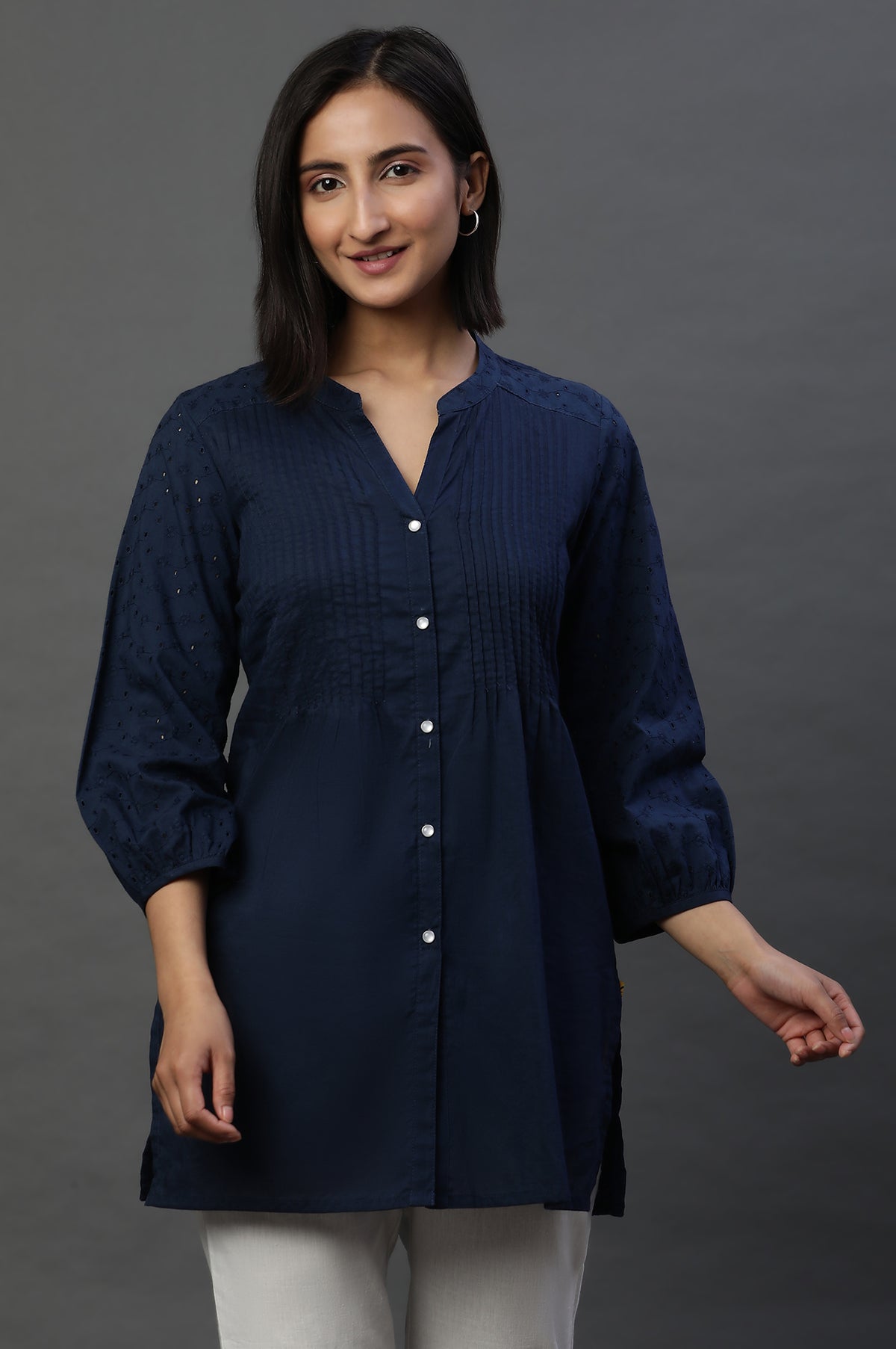 Navy Schiffli Short Kurti with Pintucks - XS