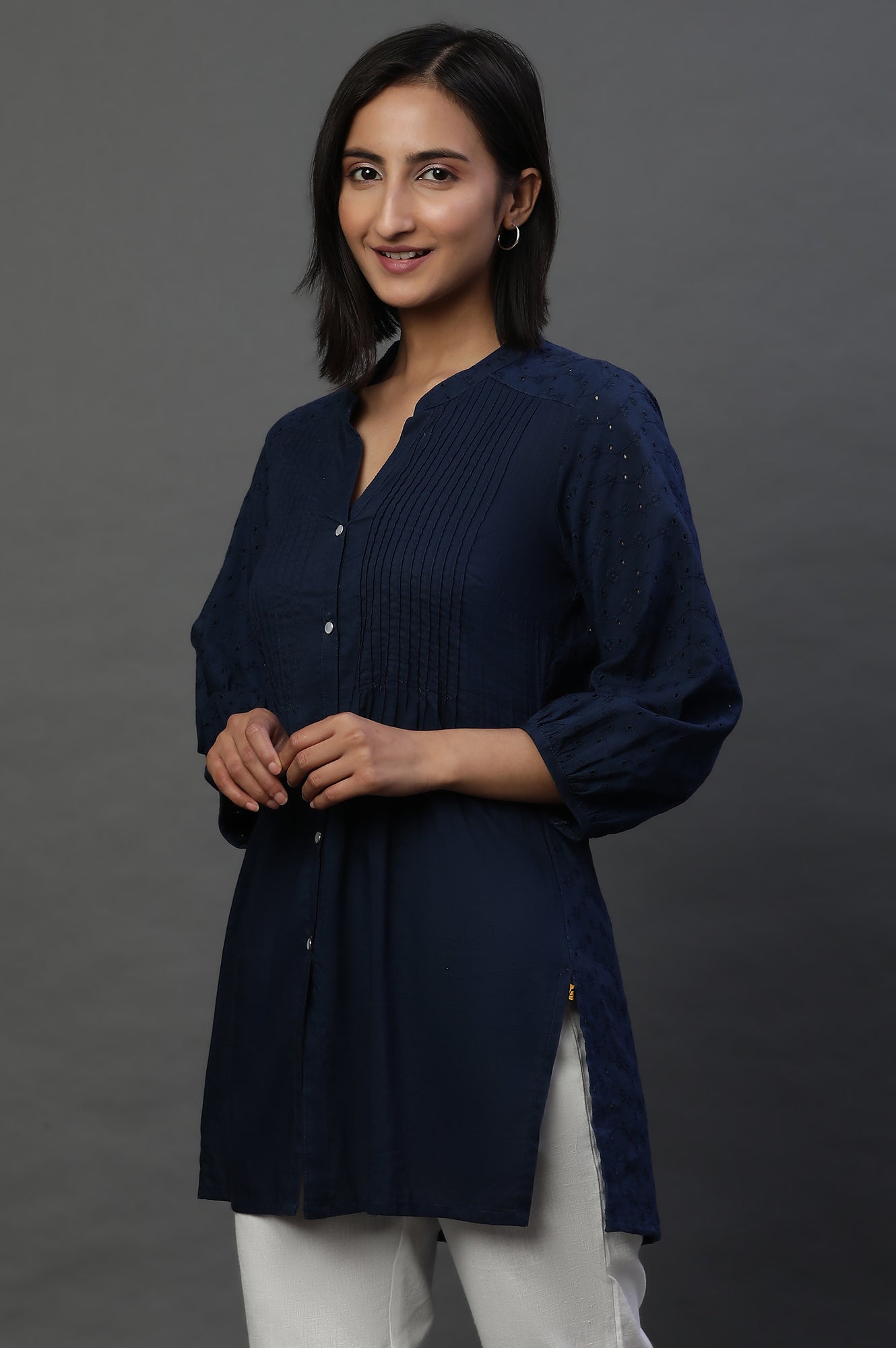 Navy Schiffli Short Kurti with Pintucks