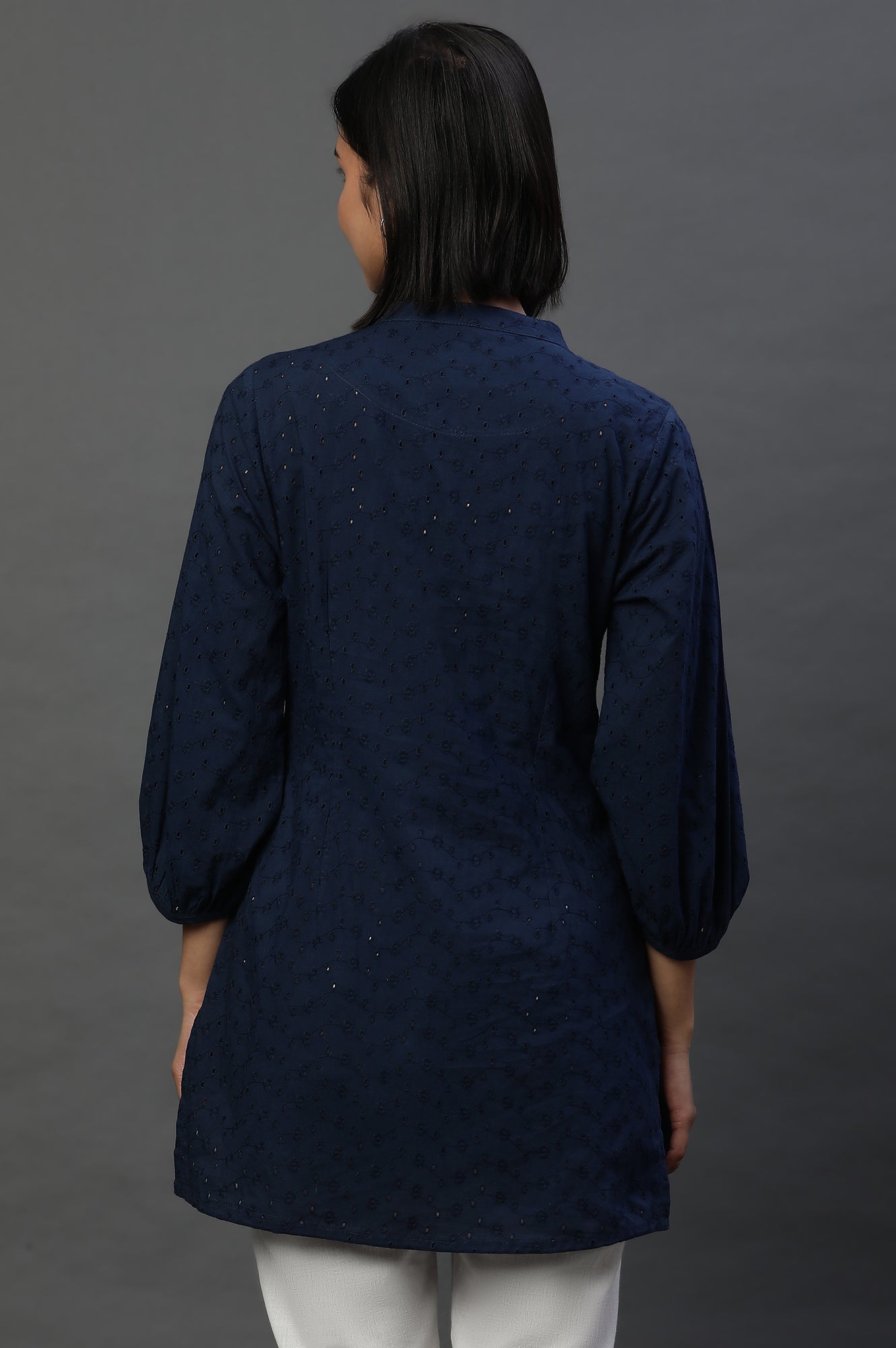 Navy Schiffli Short Kurti with Pintucks