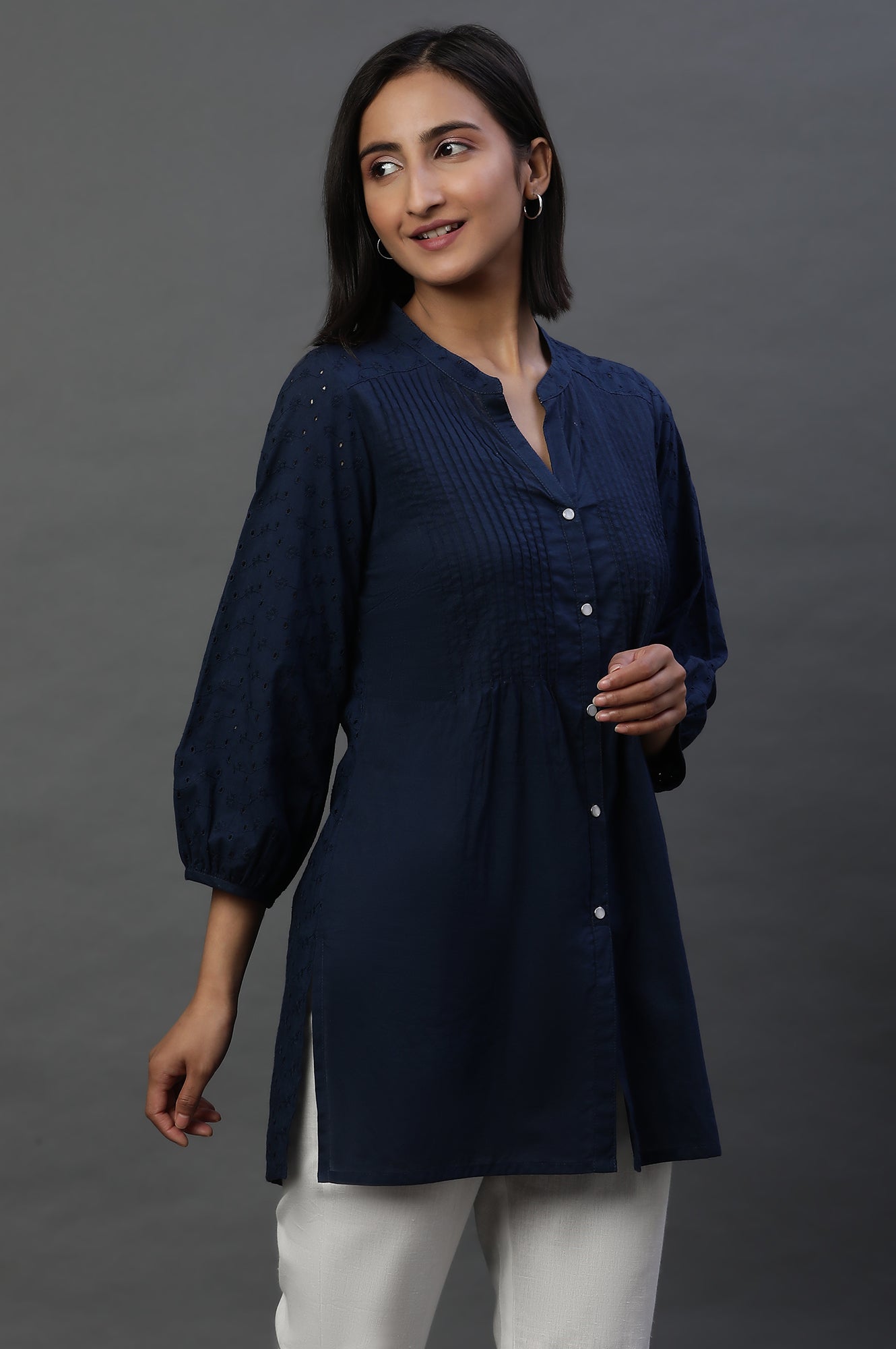 Navy Schiffli Short Kurti with Pintucks